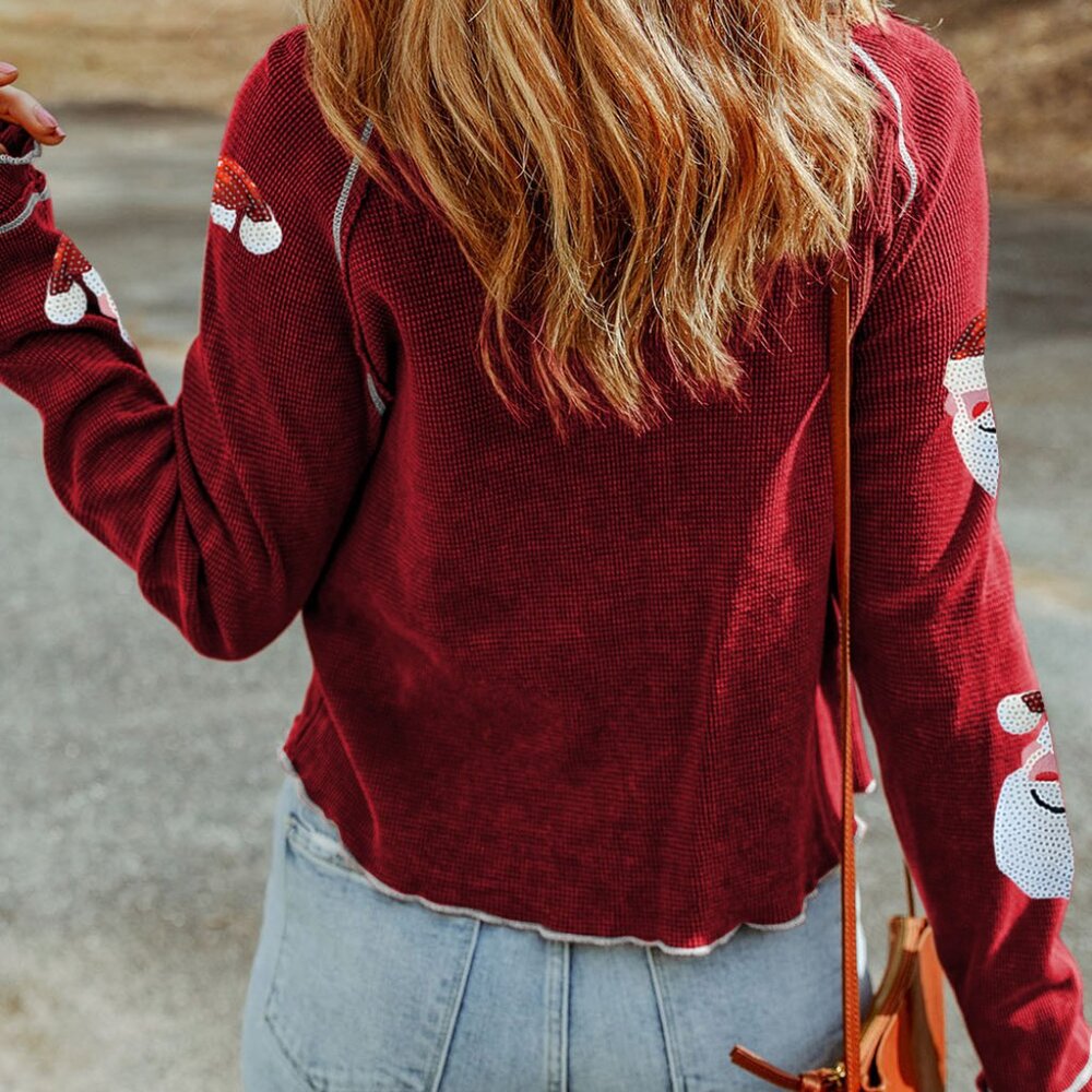 B231 RESTOCKED Red Sequin Santa Claus Graphic Text Long Sleeve Top - Picture 3 of 5